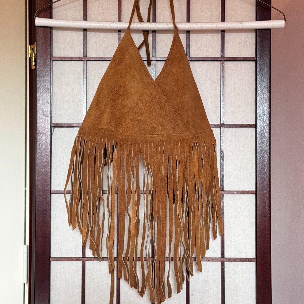 Urban Vibe Suede Halter Top With Fringe